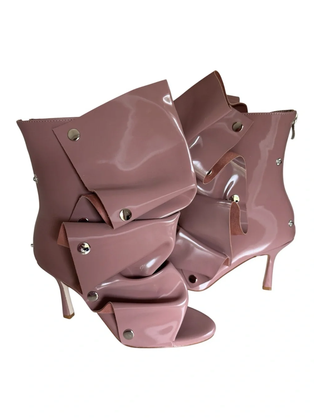 Ruffled Open-Toe Ankle Bootie in Dusty Rose